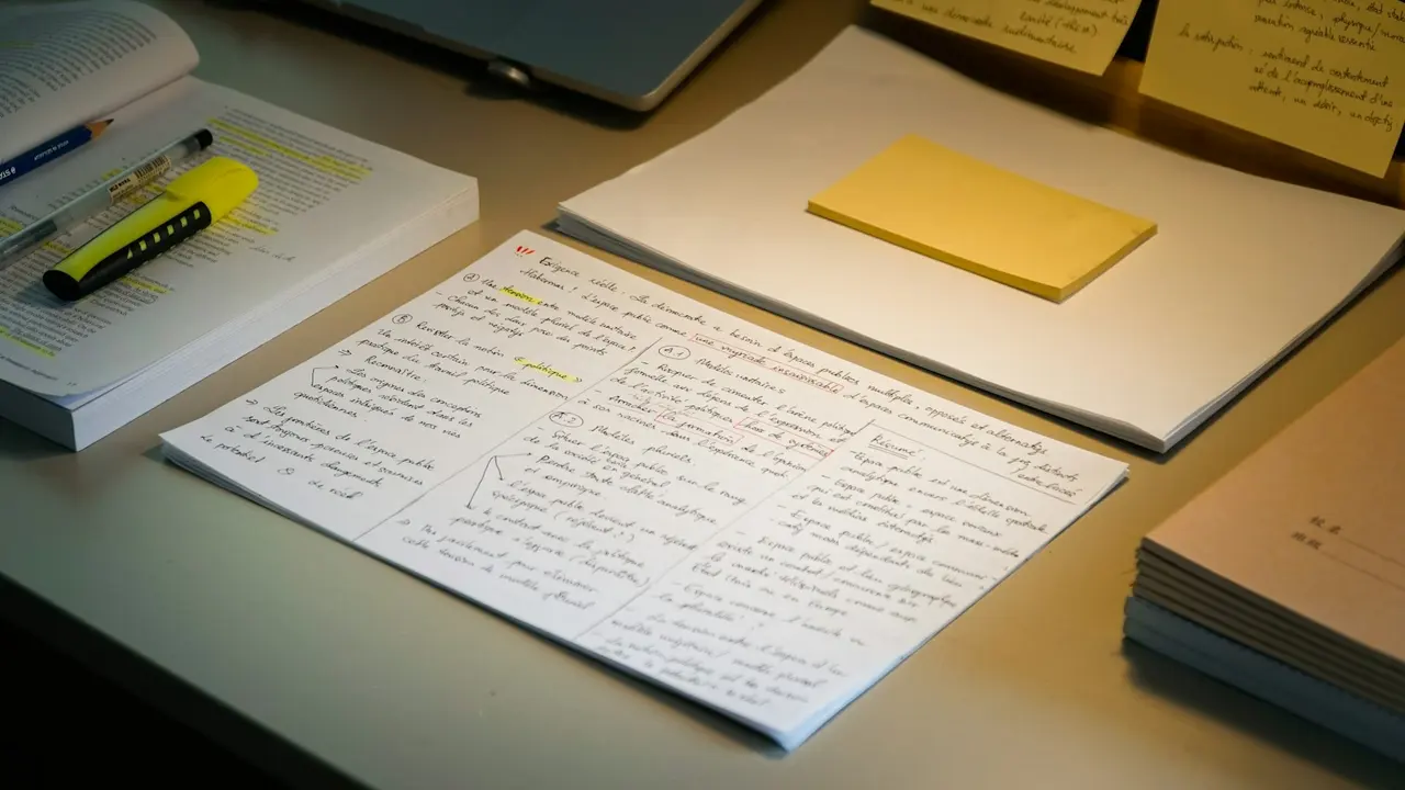 A study desk with handwritten revision notes, an open textbook with a yellow highlighter and a pen